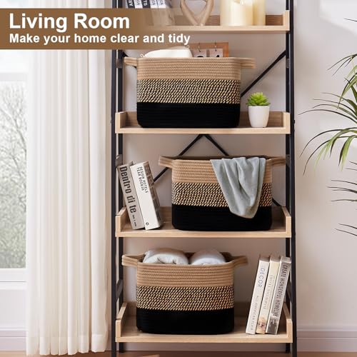 OIASKET Storage Basket for Organizing, Woven Baskets for Storage, Rectangle Decorative Baskets for Shleves, Closet, Toys, Books, Nursery Organizer Bins - Pack of 3 (Black & Brown) - Image 4