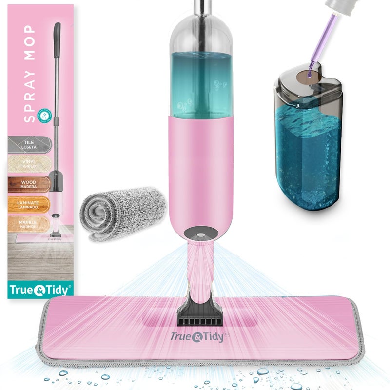 True  Tidy SPRAY250 MultiSurface Spray Mop with Refillable Water Bottle for Floor Cleaning Works on Wood Tile Marble etc Use Any Cleaning Solution Machine Washable Microfiber Mop Pads Pink