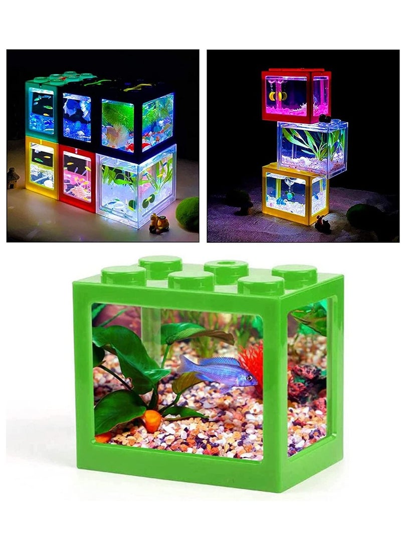 Mini Aquarium Box Small Betta Fish Tank Multifunctional USB Rechargeable Fish Tank with LED Light Lamp Reptile Feeding Box Tank Building Block Green 16X10.5X14Cm - Image 1