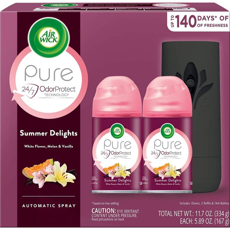 Air Wick Automatic Spray Starter Kit (Gadget + 2 Refills), Summer Delights, Essential Oils, Air Freshener, Odor Neutralization - Image 1
