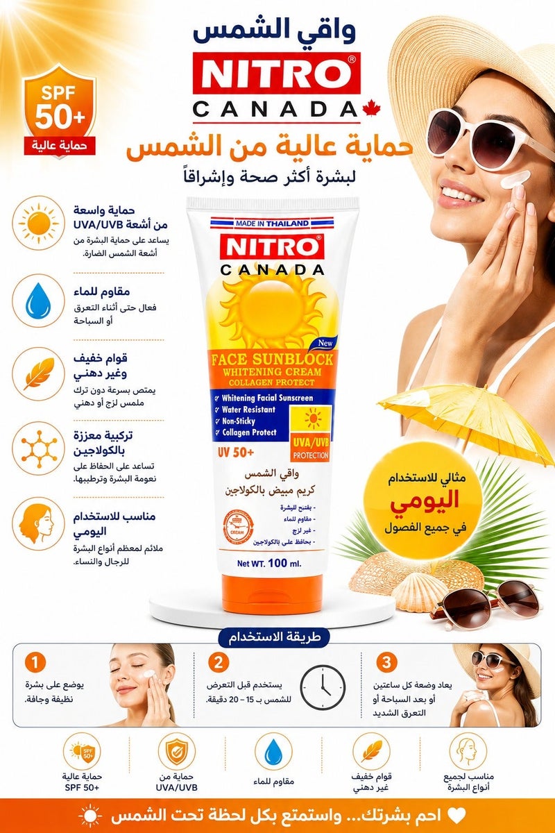NITRO CANADA Face Sunblock Whitening Cream Collagen UV+50 - 100 g - Image 2