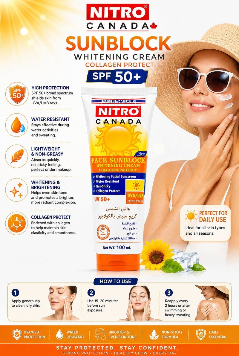 NITRO CANADA Face Sunblock Whitening Cream Collagen UV+50 - 100 g - Image 3