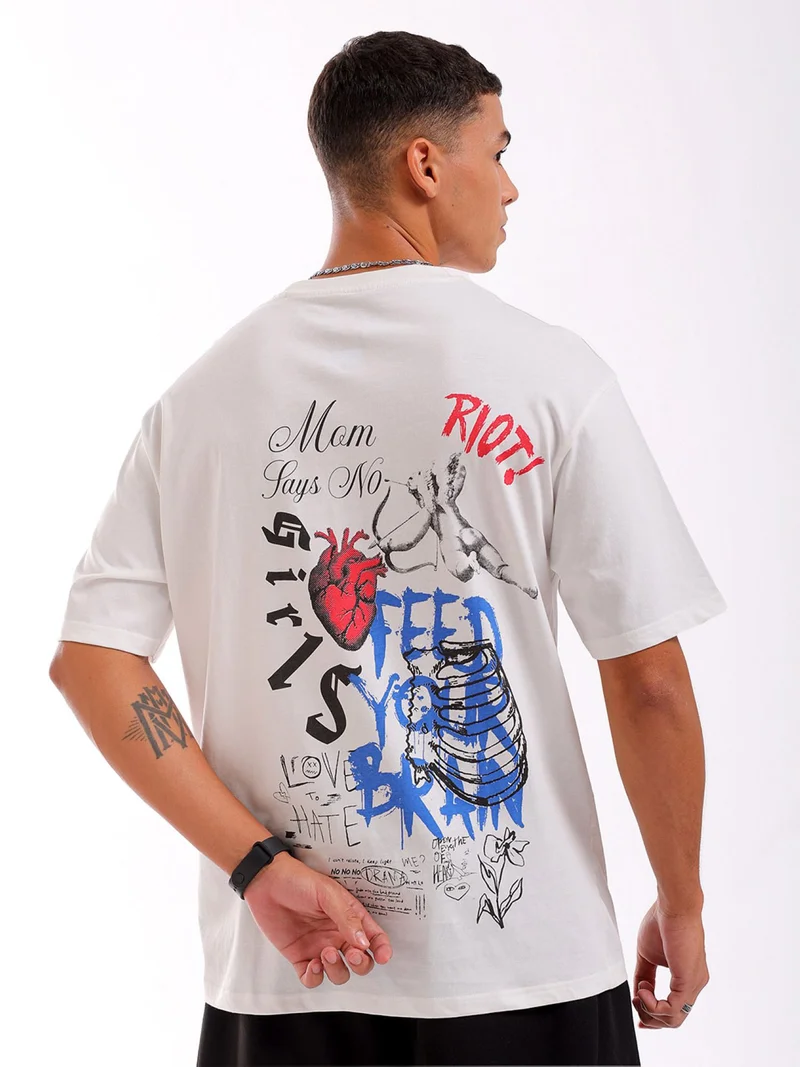 شركة المرآب الهندية Men's Casual Oversized Placement Print Crew Neck Short Sleeve T-Shirt