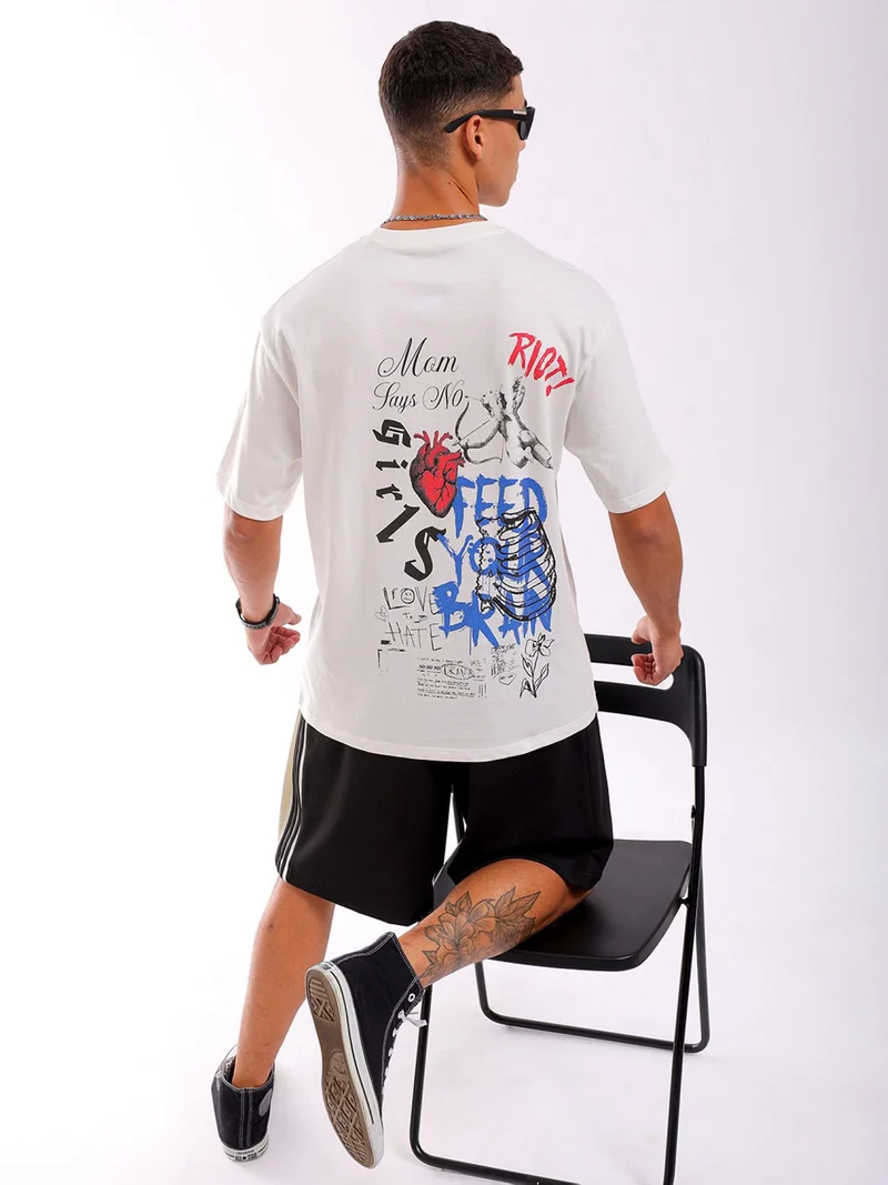 شركة المرآب الهندية Men's Casual Oversized Placement Print Crew Neck Short Sleeve T-Shirt
