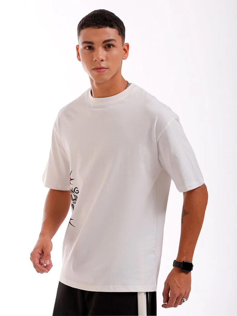 شركة المرآب الهندية Men's Casual Oversized Placement Print Crew Neck Short Sleeve T-Shirt