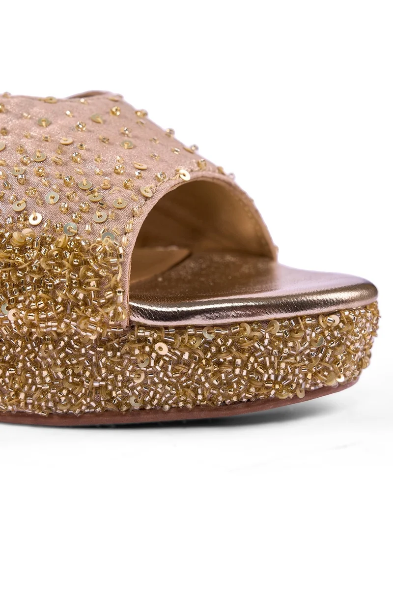 Anaar Anaar Sunkissed Platform Sandals – Gold Satin Hand-Embroidered Platforms with Cutdana, Pearls & Sequins