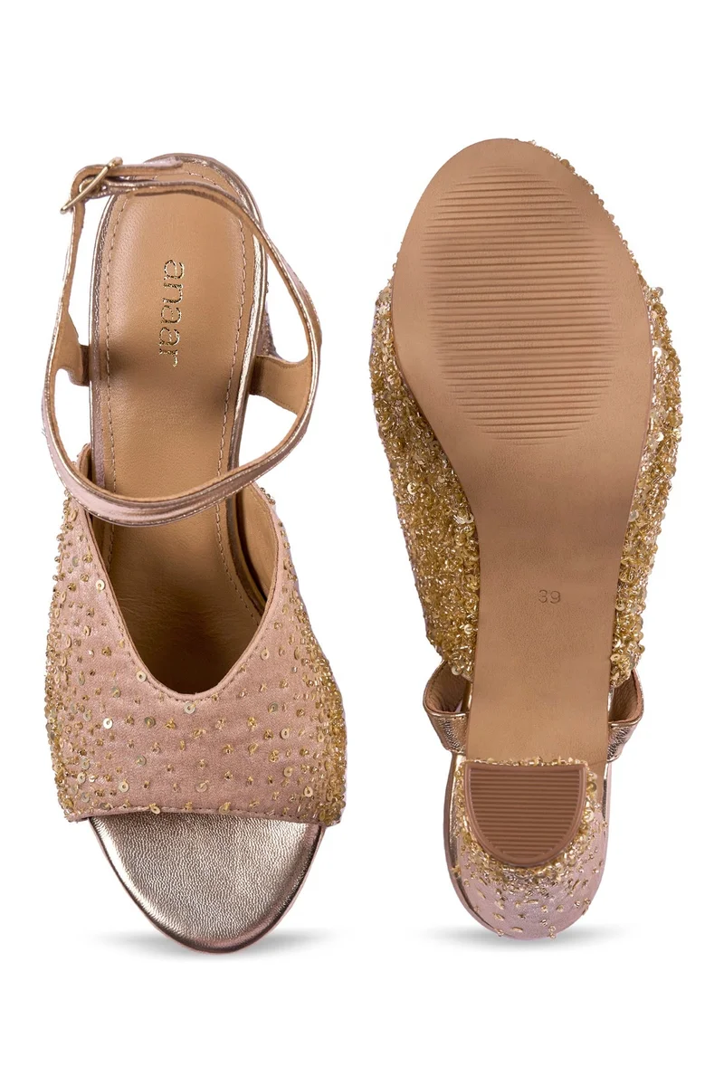 Anaar Anaar Sunkissed Platform Sandals – Gold Satin Hand-Embroidered Platforms with Cutdana, Pearls & Sequins
