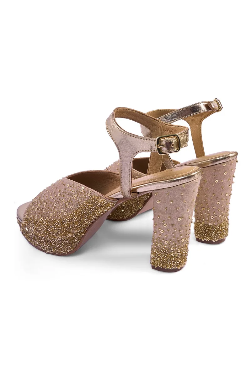 Anaar Anaar Sunkissed Platform Sandals – Gold Satin Hand-Embroidered Platforms with Cutdana, Pearls & Sequins