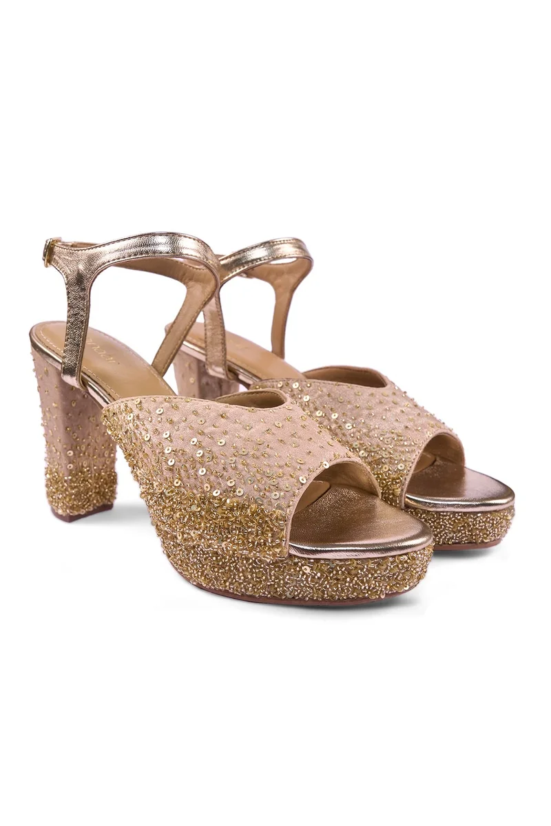Anaar Anaar Sunkissed Platform Sandals – Gold Satin Hand-Embroidered Platforms with Cutdana, Pearls & Sequins
