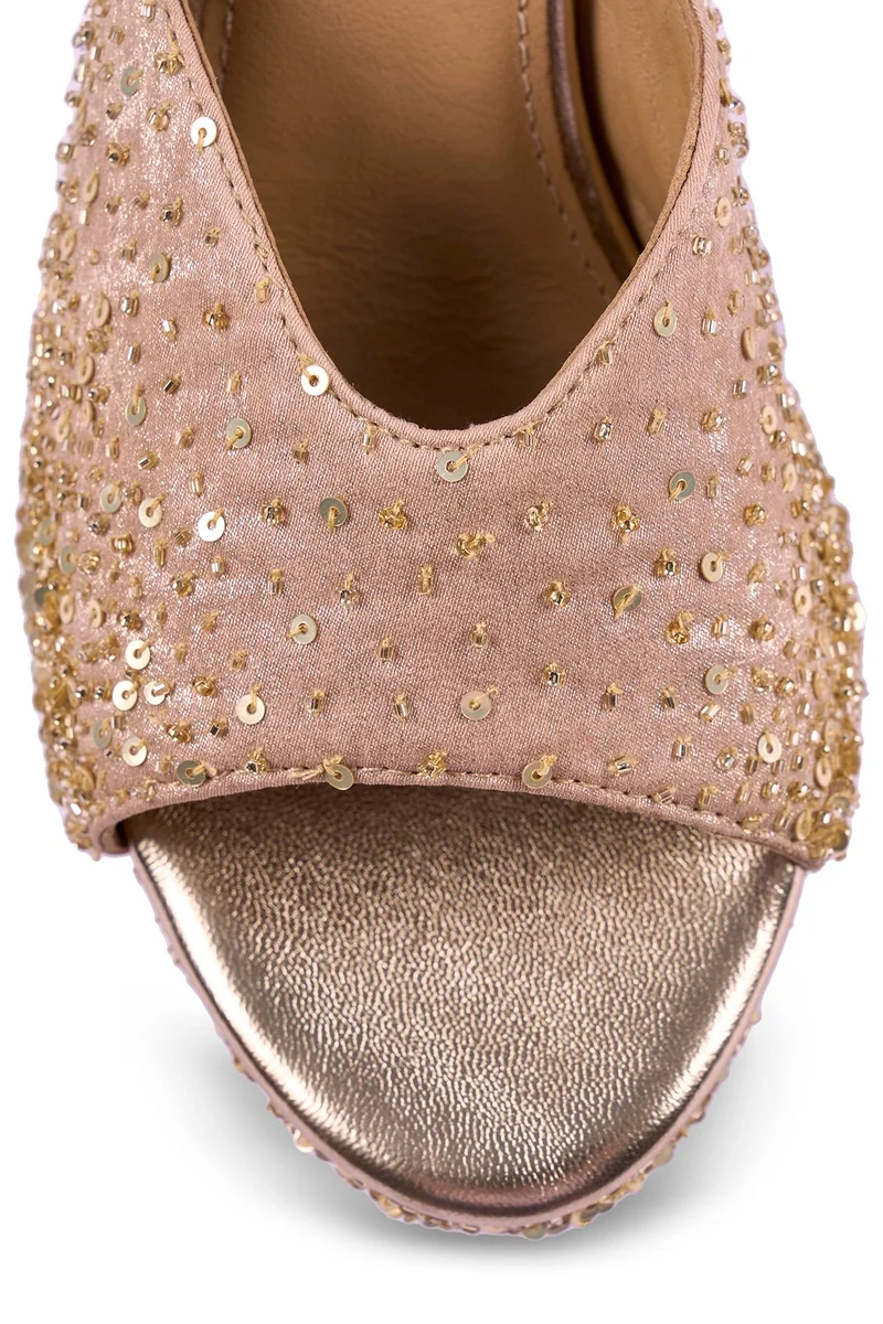 Anaar Anaar Sunkissed Platform Sandals – Gold Satin Hand-Embroidered Platforms with Cutdana, Pearls & Sequins