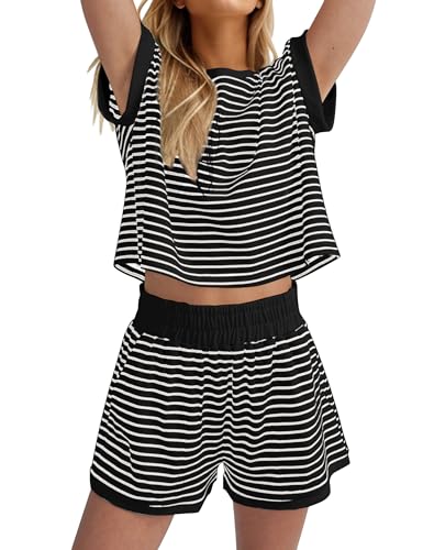MISSACTIVER 2 Piece Lounge Set Women Stripe Knit Short Sleeve Tee Shirts Shorts Casual Summer Loungewear Shorts Sets - Image 1