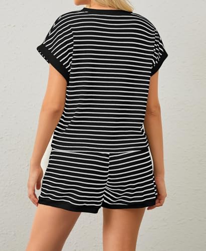 MISSACTIVER 2 Piece Lounge Set Women Stripe Knit Short Sleeve Tee Shirts Shorts Casual Summer Loungewear Shorts Sets - Image 3