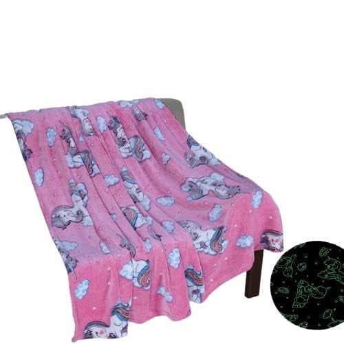 BLiSS HUES Glow in The Dark Blanket Dreamy Unicorn 200 x 152cm 80 x 60 inch Gifts for Toddler KidsTeen Girls Bedroom Decor Travel Lightweight Luminous Throw Blanket Pink