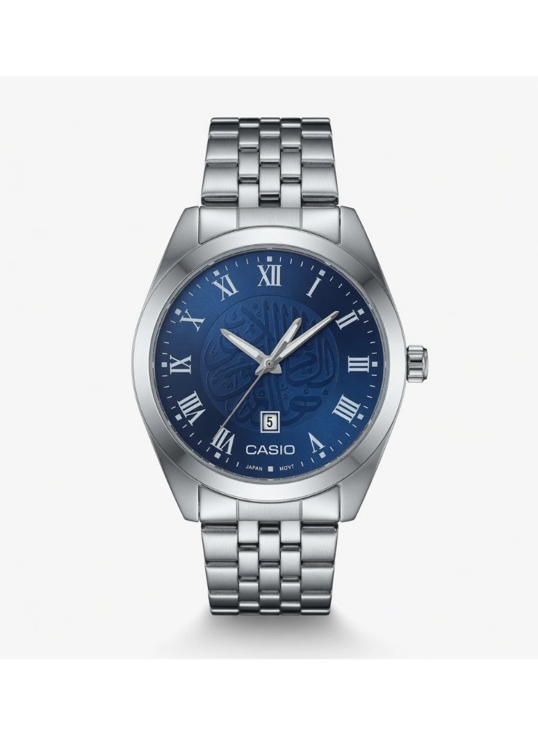 Casio Men's Classic Analog Watch - Blue Dial with Arabic Calligraphy, Roman Numerals, Stainless Steel Band - MTP-V004D-2B