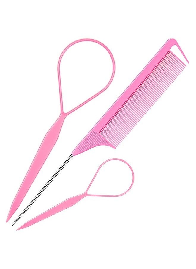 TsMADDTs Hair Tail Tools, TsMADDTs 3Pack Hair Loop Tool Set with 2Pcs French Braid Tool Loop 1Pcs Rat Tail Comb Metal Pin Tail Braiding Comb for Hair Styling, Pink  - Image 1