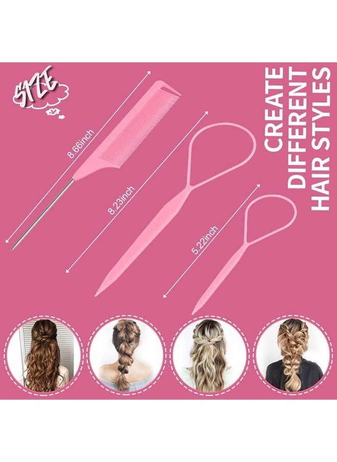 TsMADDTs Hair Tail Tools, TsMADDTs 3Pack Hair Loop Tool Set with 2Pcs French Braid Tool Loop 1Pcs Rat Tail Comb Metal Pin Tail Braiding Comb for Hair Styling, Pink  - Image 2