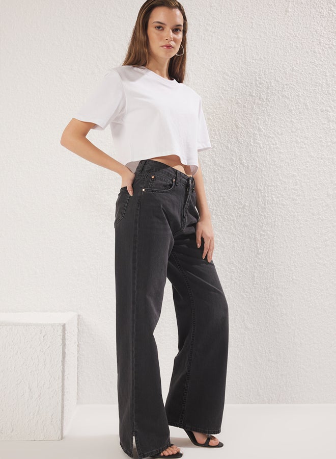 trendyol Black High Waist Wide Leg Jeans with Slit Legs - Image 1