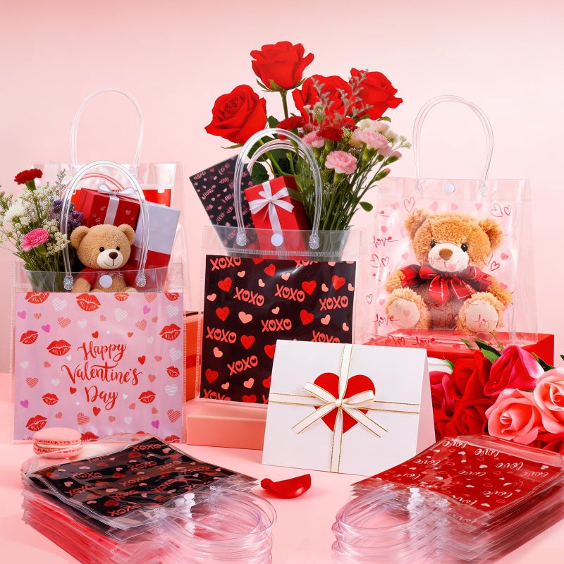 FOGWOWO 48 Pcs Valentine Gift Bags Valentines Clear Bags Plastic PVC Valentine's Day Heart Gift Bags with Button Handles Valentine Candy Goodie Bag for Wedding Holiday Party Wrapping Supplies - Image 3