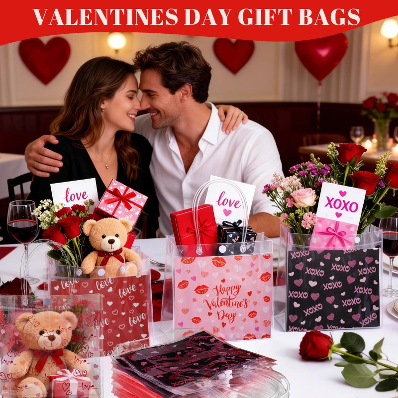 FOGWOWO 48 Pcs Valentine Gift Bags Valentines Clear Bags Plastic PVC Valentine's Day Heart Gift Bags with Button Handles Valentine Candy Goodie Bag for Wedding Holiday Party Wrapping Supplies - Image 5