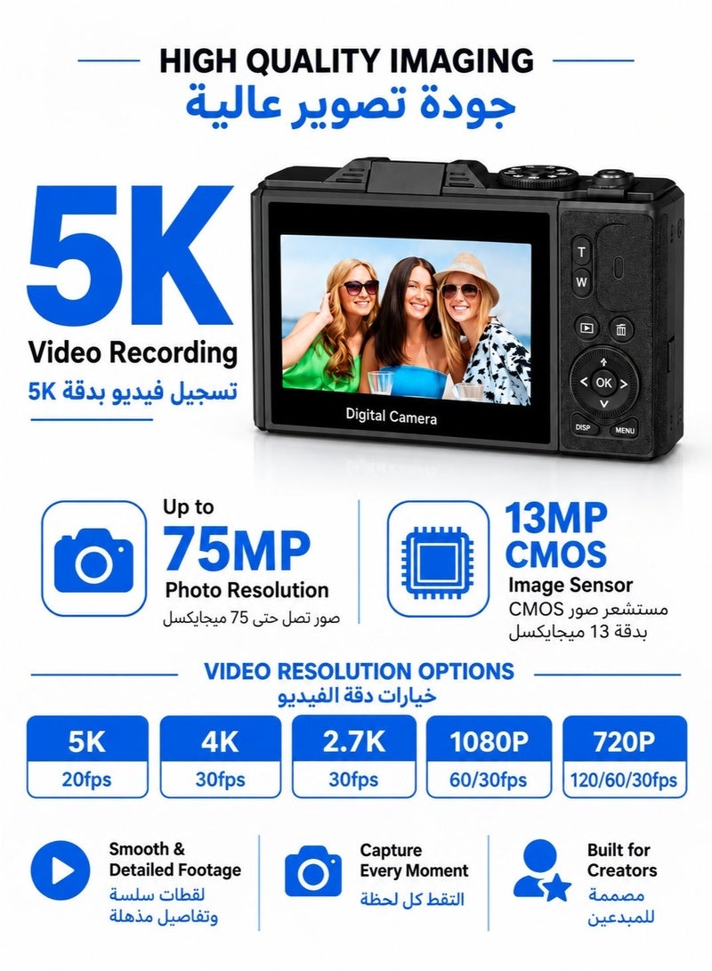 5K Digital Camera with 128GB Memory Card, 75MP Point and Shoot Camera with 3-Inch 180° Flip Screen, Autofocus, WiFi, 18X Digital Zoom, Compact Vlogging Camera for Photography, Travel and Beginners - Image 3