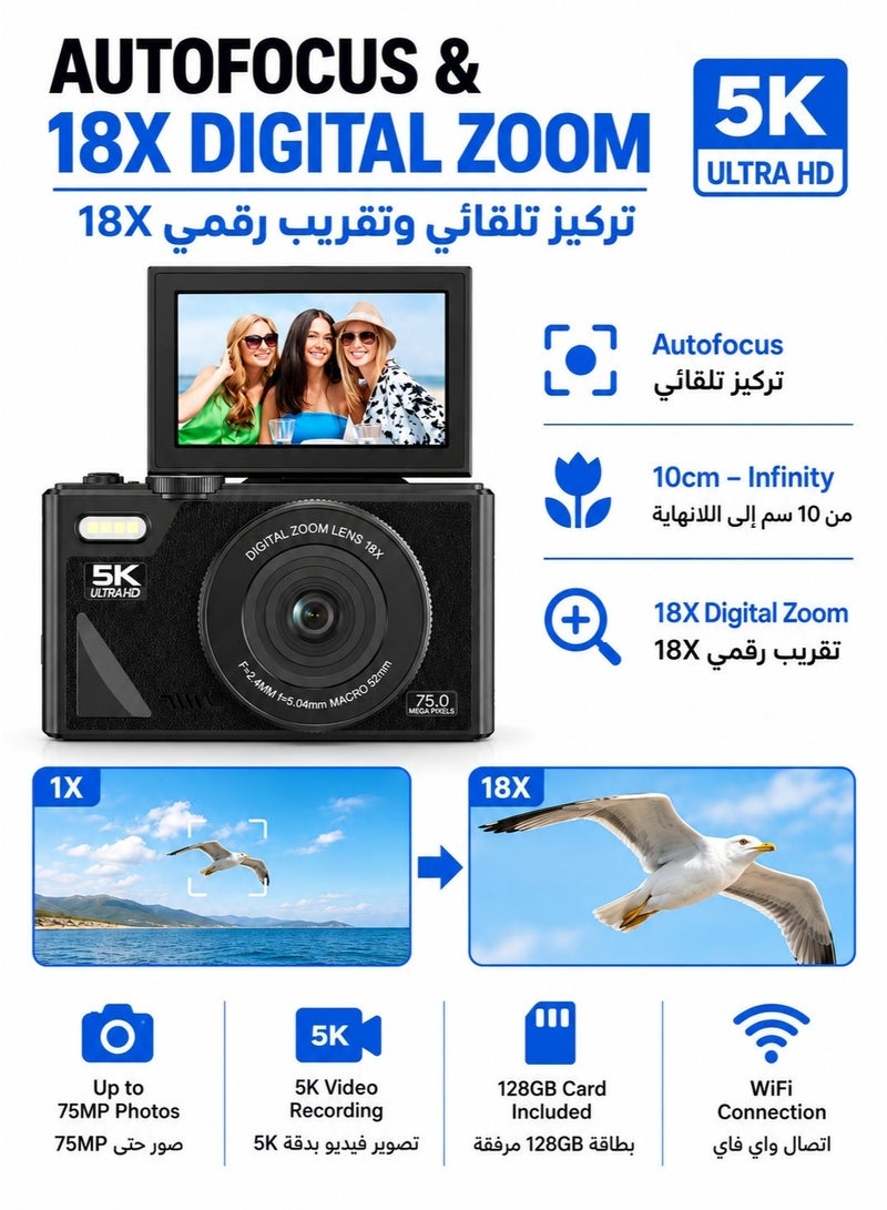 5K Digital Camera with 128GB Memory Card, 75MP Point and Shoot Camera with 3-Inch 180° Flip Screen, Autofocus, WiFi, 18X Digital Zoom, Compact Vlogging Camera for Photography, Travel and Beginners - Image 4