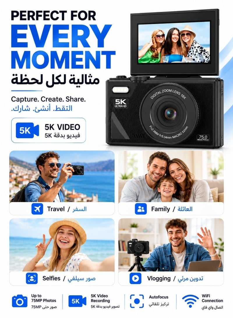 5K Digital Camera with 128GB Memory Card, 75MP Point and Shoot Camera with 3-Inch 180° Flip Screen, Autofocus, WiFi, 18X Digital Zoom, Compact Vlogging Camera for Photography, Travel and Beginners - Image 5