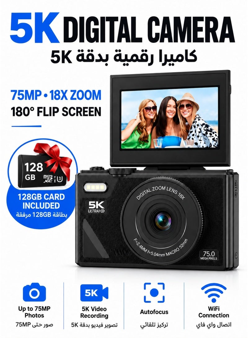 5K Digital Camera with 128GB Memory Card, 75MP Point and Shoot Camera with 3-Inch 180° Flip Screen, Autofocus, WiFi, 18X Digital Zoom, Compact Vlogging Camera for Photography, Travel and Beginners - Image 1