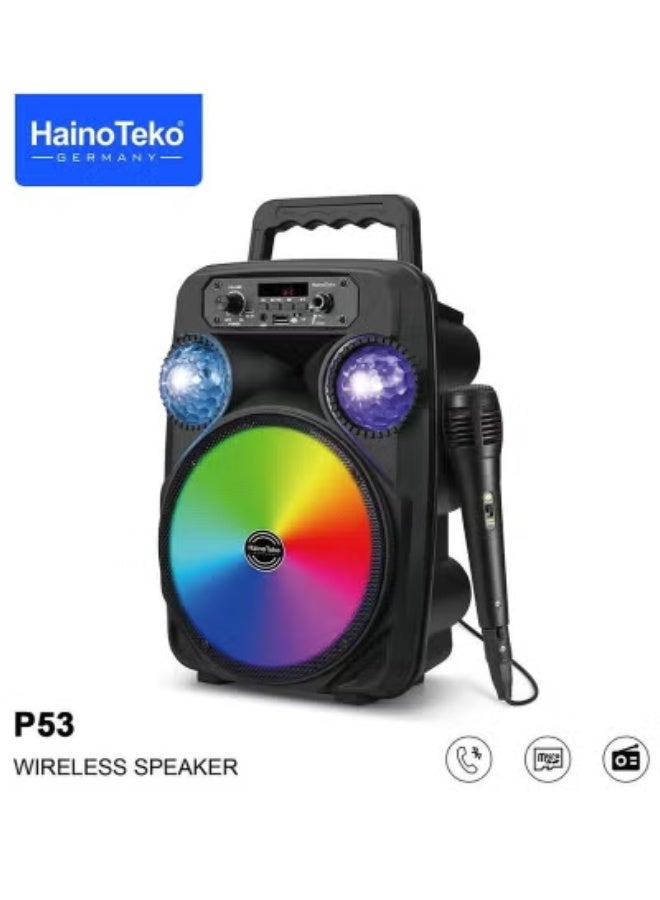 Haino Teko P53 Portable Wireless Bluetooth Speaker with Mic | Powerful Stereo Sound & Deep Bass | RGB LED Lights | Long Battery Life | Compact Design for Indoor & Outdoor Music, Travel & Parties - Image 1