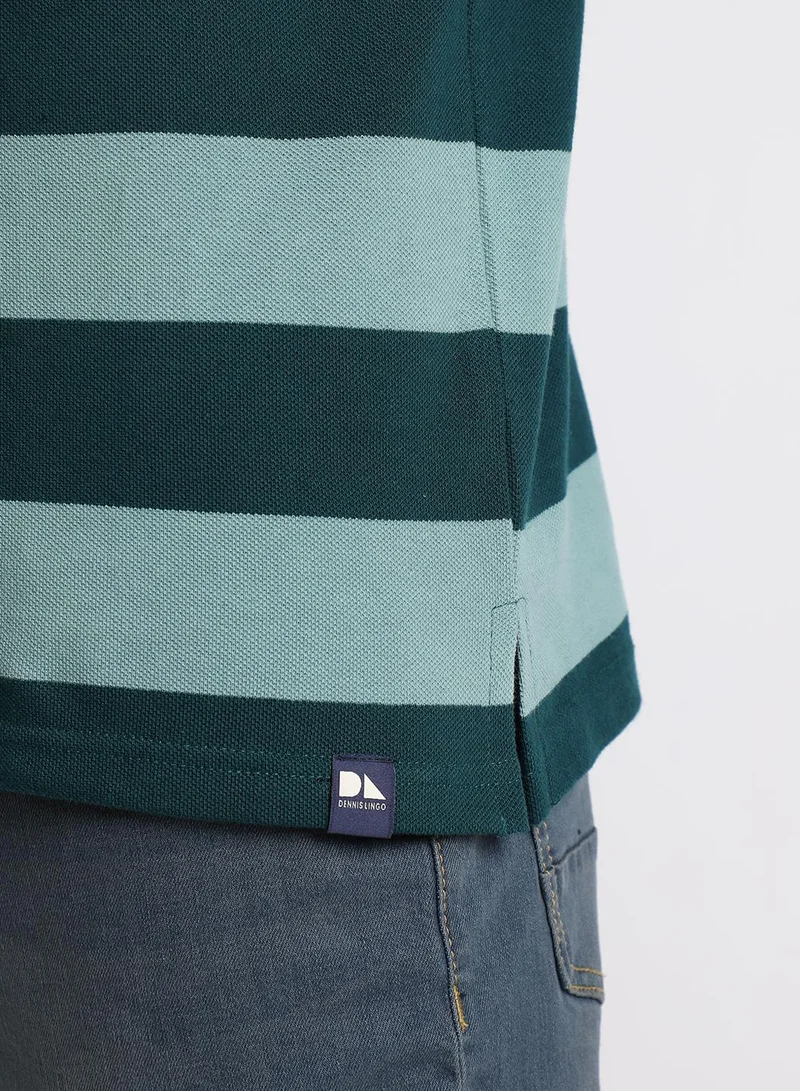 دينيس لينغو Teal Slim Fit Striped Polo Collar T-shirt for Men - 100% Cotton, Short Sleeve, Casual