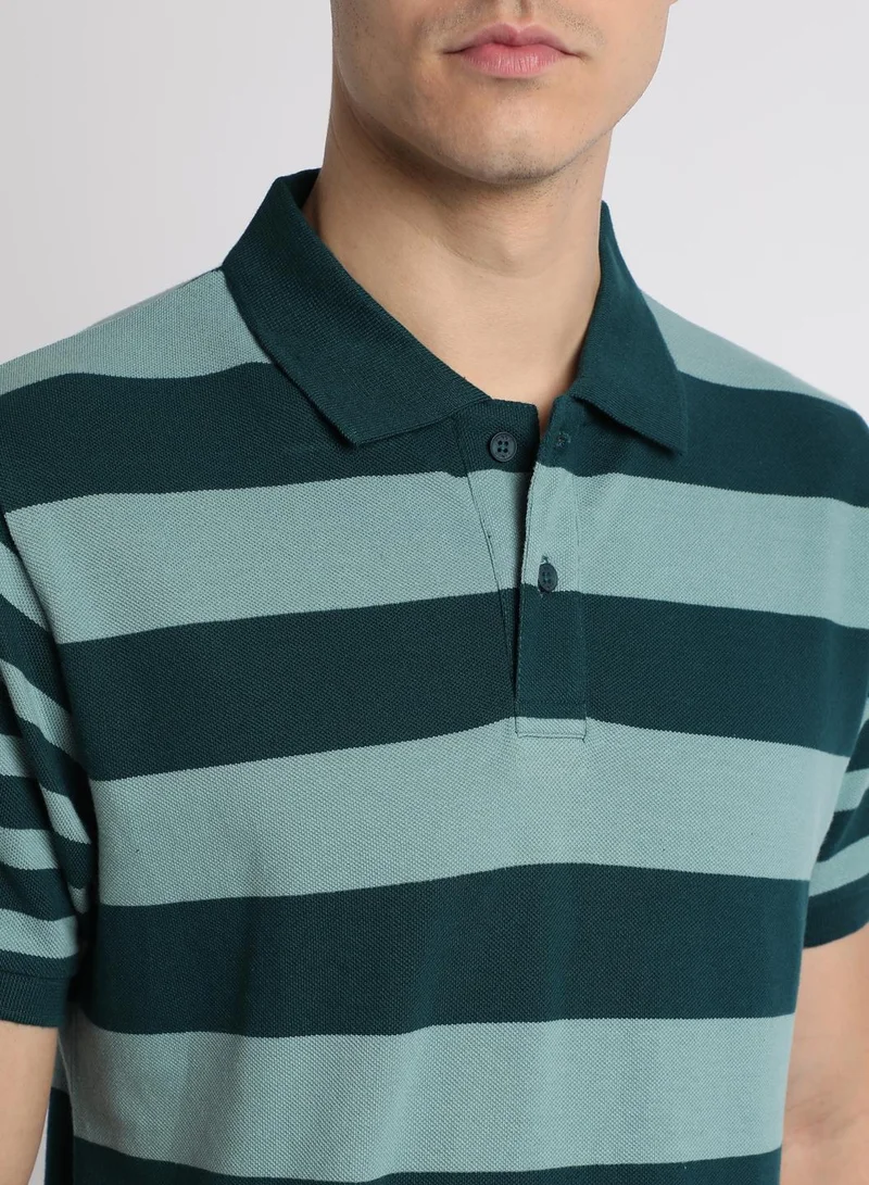 دينيس لينغو Teal Slim Fit Striped Polo Collar T-shirt for Men - 100% Cotton, Short Sleeve, Casual