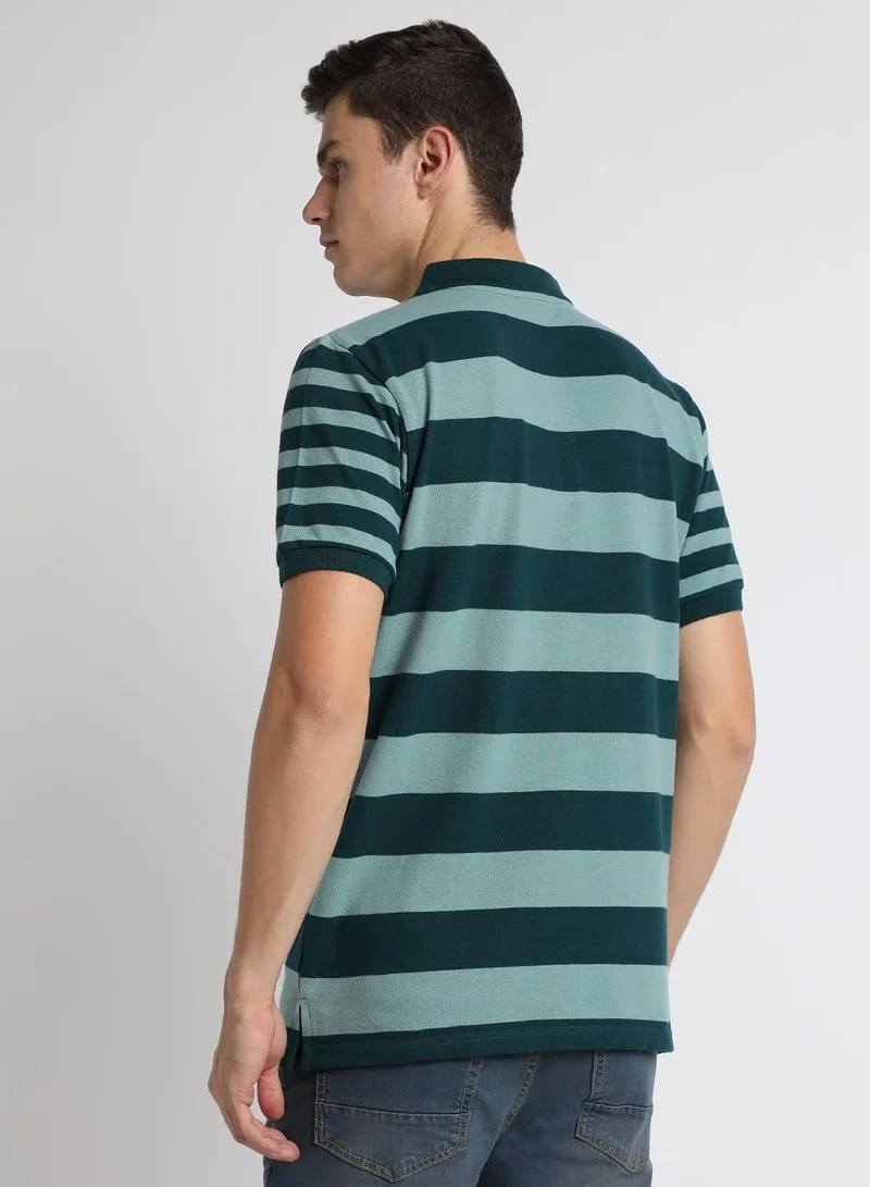 دينيس لينغو Teal Slim Fit Striped Polo Collar T-shirt for Men - 100% Cotton, Short Sleeve, Casual
