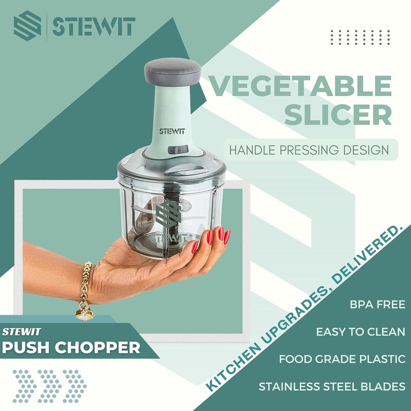 Stewit ® Food Chopper 900ml, Steel Large Manual Hand-Press Vegetable Chopper Mixer Cutter to Cut Onion, Salad, Tomato, Potato (Pista 900ml) - Image 3