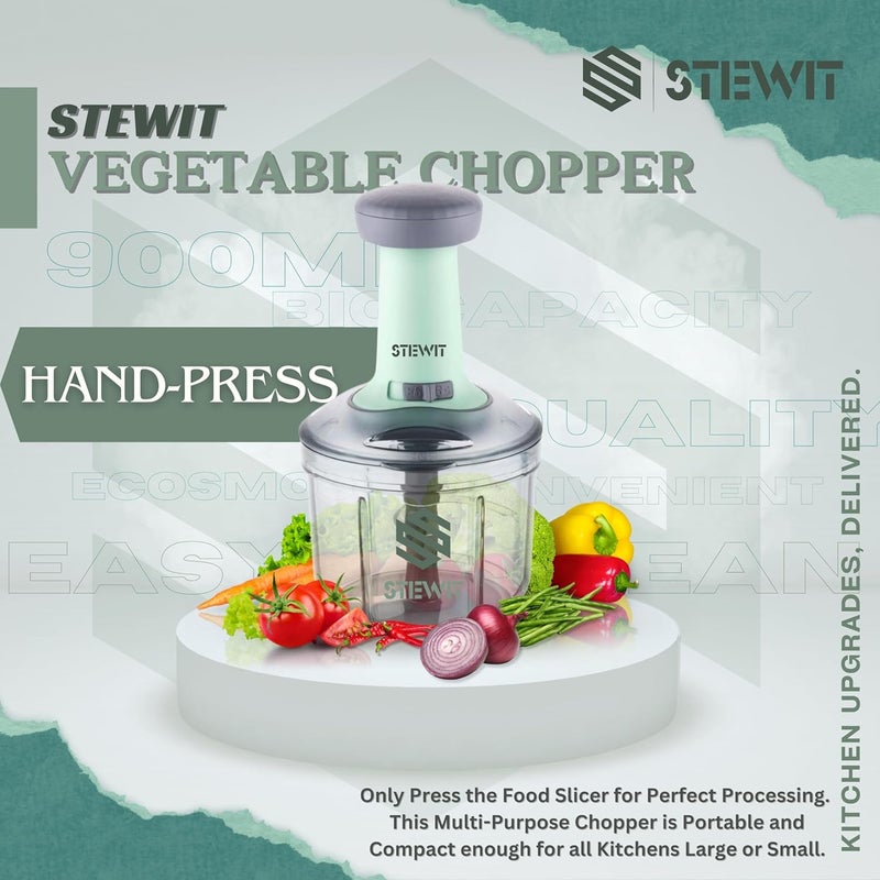 Stewit ® Food Chopper 900ml, Steel Large Manual Hand-Press Vegetable Chopper Mixer Cutter to Cut Onion, Salad, Tomato, Potato (Pista 900ml) - Image 2