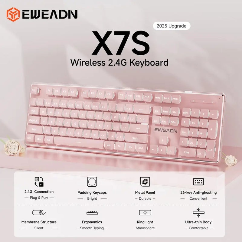 Eweadn X7S Wireless Keyboard, 2.4G, Backlit, Silent, Rechargeable, Hot-Swappable Keys, Mechanical, for Office Home - Image 2