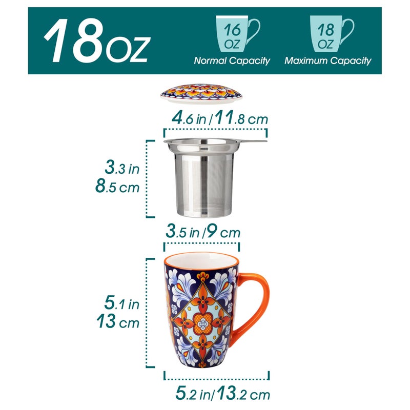 vancasso Ceramic Tea Mug with Infuser and Lid, 18 Ounce Bohemian Loose Leaf Cup, Microwave & Dishwasher Safe, Perfect for Tea, Coffee, Navy-Burnt Baroque - Image 2