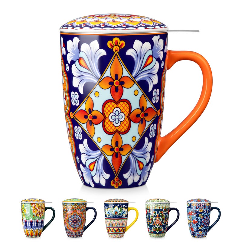 vancasso Ceramic Tea Mug with Infuser and Lid, 18 Ounce Bohemian Loose Leaf Cup, Microwave & Dishwasher Safe, Perfect for Tea, Coffee, Navy-Burnt Baroque - Image 1