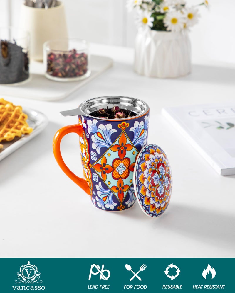 vancasso Ceramic Tea Mug with Infuser and Lid, 18 Ounce Bohemian Loose Leaf Cup, Microwave & Dishwasher Safe, Perfect for Tea, Coffee, Navy-Burnt Baroque - Image 3