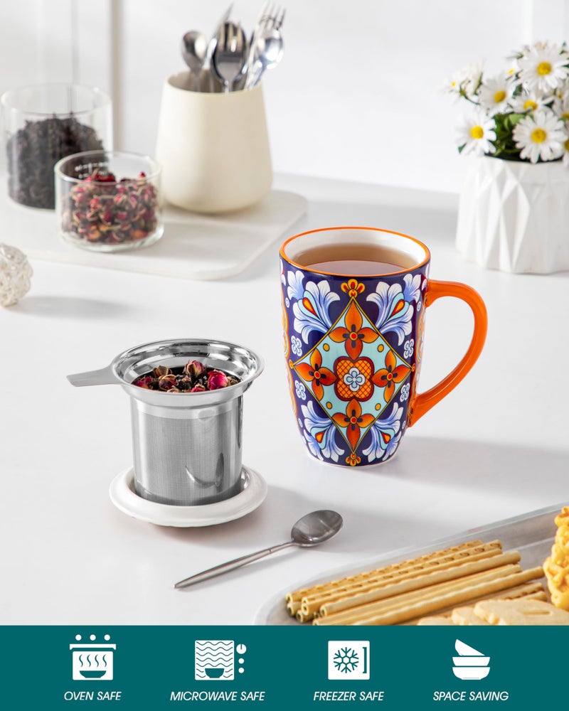 vancasso Ceramic Tea Mug with Infuser and Lid, 18 Ounce Bohemian Loose Leaf Cup, Microwave & Dishwasher Safe, Perfect for Tea, Coffee, Navy-Burnt Baroque - Image 4