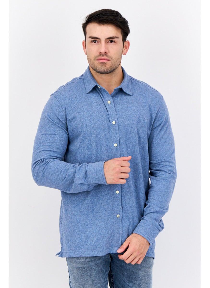 NAUTICA Men Classic Fit Embroidered Logo Long Sleeves Casual Shirt, Heather Blue  - Image 1