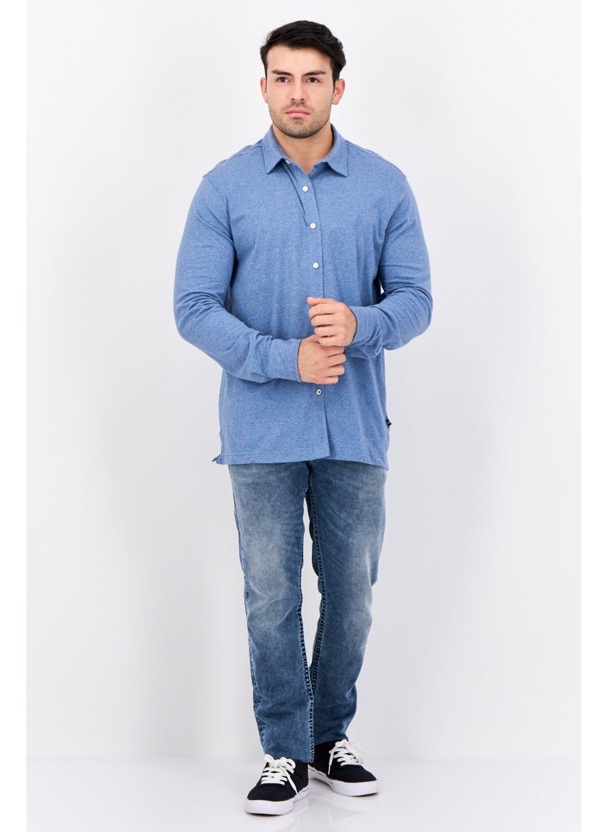 NAUTICA Men Classic Fit Embroidered Logo Long Sleeves Casual Shirt, Heather Blue  - Image 4