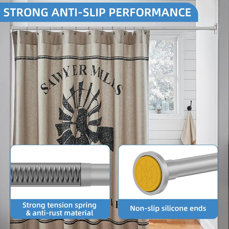 CorkLatta Matte Silver Shower Curtain Rod,1 Inch Diameter Stainless Steel Adjustable Spring Tension Rods 32 to 80",with Holders,Anti-Slip,Curtain Rods No Drilling(1 Pack) - Image 2
