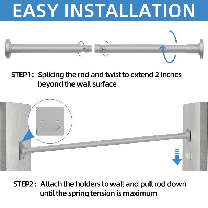 CorkLatta Matte Silver Shower Curtain Rod,1 Inch Diameter Stainless Steel Adjustable Spring Tension Rods 32 to 80",with Holders,Anti-Slip,Curtain Rods No Drilling(1 Pack) - Image 5