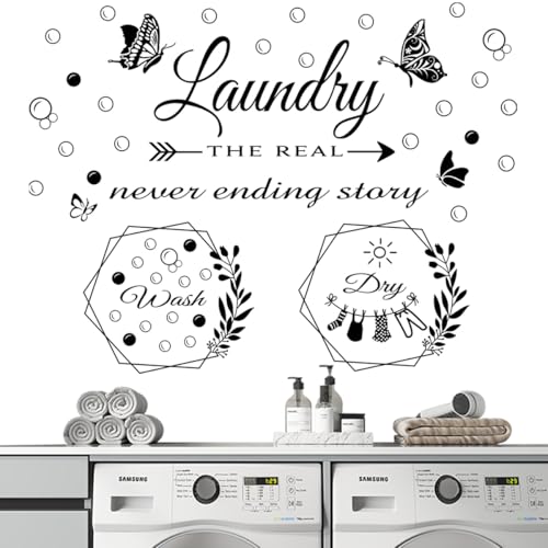 Datesno 2 Sheets Laundry Room Wall Decals Wash Dry Laundry Wall Stickers Vinyl Wall Decal The Never Ending Story Laundry Room Art for Stickers Bubble Quote Decal for Room Decor Apartment Home Decorations - Image 1