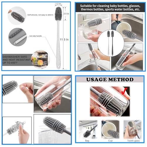 SARTHU 3-in-1 Multifunctional Cleaning Brush Set - Cap & Cup Cleaner, 2 Long Handle Silicone Brushes for Baby Bottles, Water Bottles, Glasses - Image 4