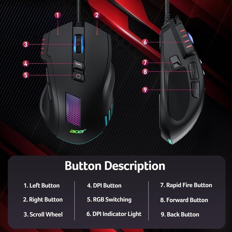 acer Wired Gaming Mouse, 12,800 DPI RGB Ergonomic Computer Mouse with Optical Sensor, 8 Programmable Buttons, 12 Backlit Modes, Software for DIY Keybinds, Rapid Fire, USB Gaming Mice for Laptop, PC - Image 3