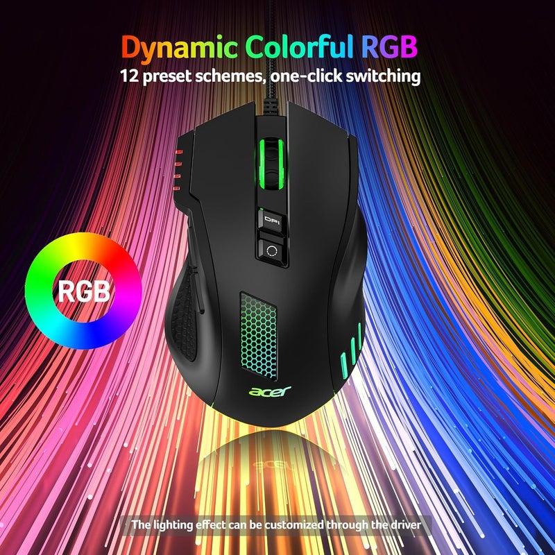 acer Wired Gaming Mouse, 12,800 DPI RGB Ergonomic Computer Mouse with Optical Sensor, 8 Programmable Buttons, 12 Backlit Modes, Software for DIY Keybinds, Rapid Fire, USB Gaming Mice for Laptop, PC - Image 5