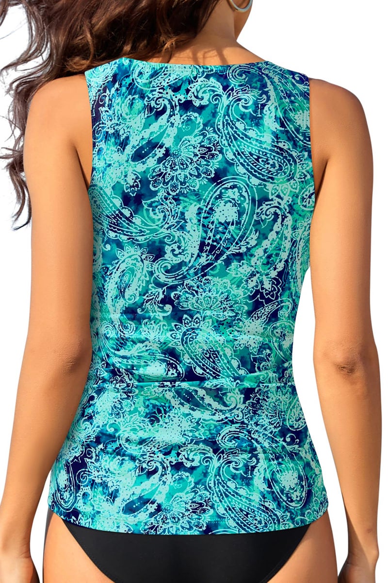 Daci Green Paisley Tankini Tops for Women High Neck Swim Top Tummy Control Bathing Suit Top Modest Swim Tank Top No Bottom L - Image 2