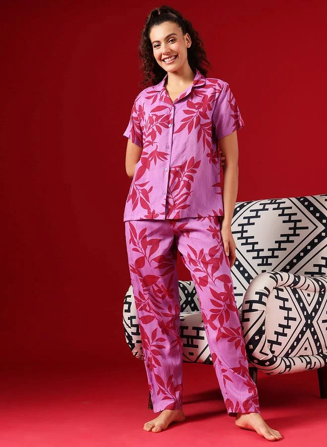 Clovia Leaf Print Button Down Shirt and Pyjama Set