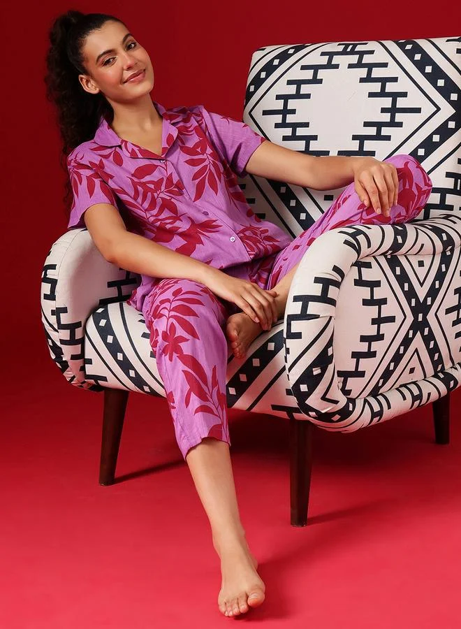 Clovia Leaf Print Button Down Shirt and Pyjama Set