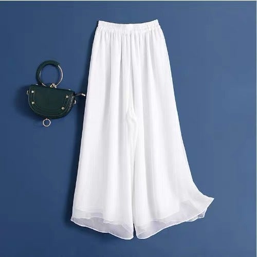 2025 Summer New Casual White Drapey Chiffon Wide-Leg Pants for Women, Loose Plus-Size High-Waisted Slimming Long Pants Skirt for Women Black - Image 2